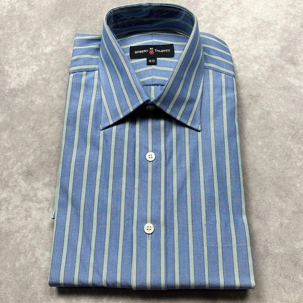 Robert Talbott Mens Dress Shirt 16-33 Blue Green Stripe Spread Collar Cotton